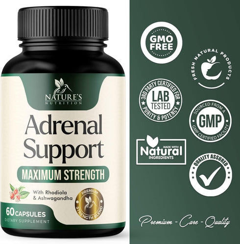Adrenal Support Supplements with Ashwagandha, 10 Herbs for Cortisol Health, Energy, Stress, Relaxation, 60 Capsules