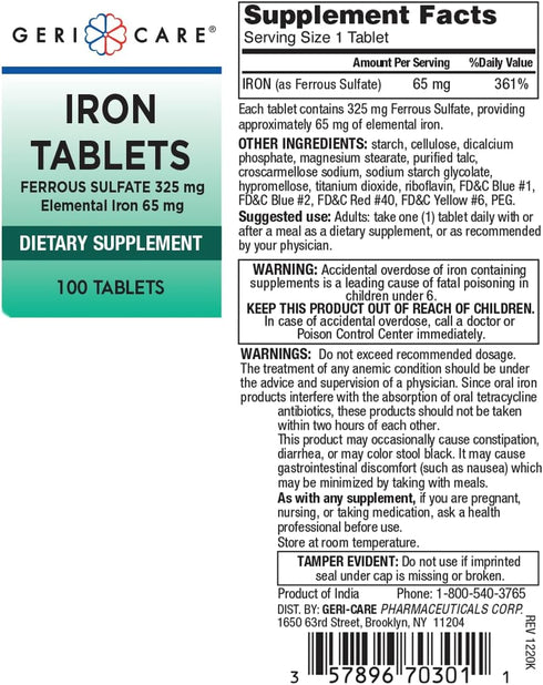 GeriCare Ferrous Sulfate Tablets 325mg, Elemental Iron 65 mg High Potency Iron Supplement | No Artificial Color Additives Dietary Supplement 100 Count. (Pack of 1)