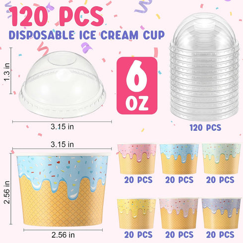 Jingmore 120 Pack 6 oz 5 Summer Ice Cream Paper Cups with Lids Disposable Ice Cream Bowls Paper Treat Dessert Cups