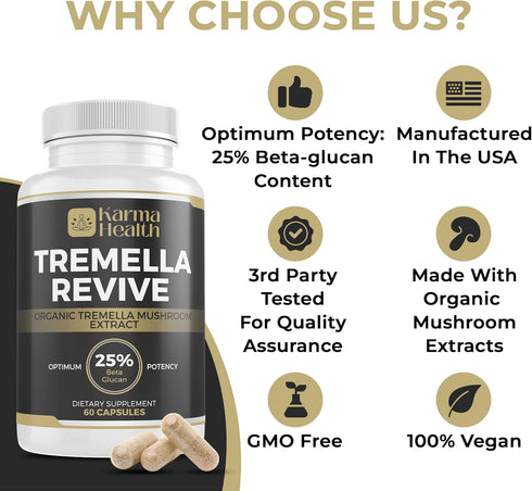 Tremella Mushroom Extract Supplement - Organic Skin Supplement, Compressed Snow Mushroom Powder Capsules, Vegan & GMO