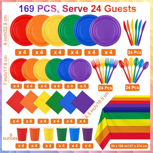 169 Pieces Rainbow Party Supplies Disposable Dinnerware Set Include Plates and Cups Napkins Plastic Forks Knives Spoons Tablecloth for Wedding Birthday Party Decorations, Serve 24 Guests