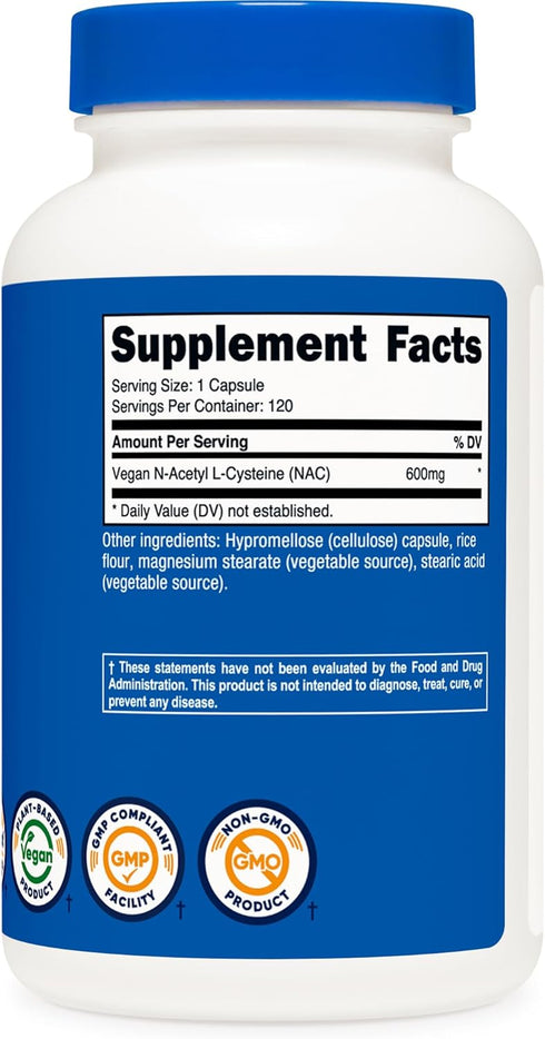 Nutricost N-Acetyl L-Cysteine (NAC) 600mg, 120 Vegetarian Capsules - Non-GMO, Gluten Free