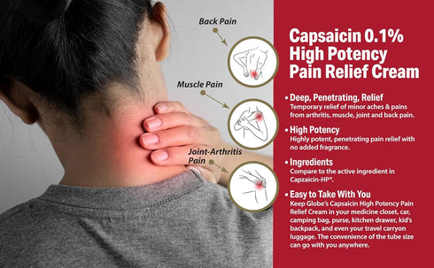 Globe (3 Pack) Capsaicin 0.1% High Potency Pain Relief Cream, Unscented Deep Penetrating Relief for Arthritis, Muscle