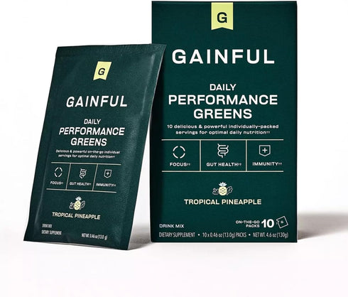 Gainful Daily Performance Greens Powder, Tropical Pineapple, 10 Pack, Gut Health, Energy, Focus, Immune Support