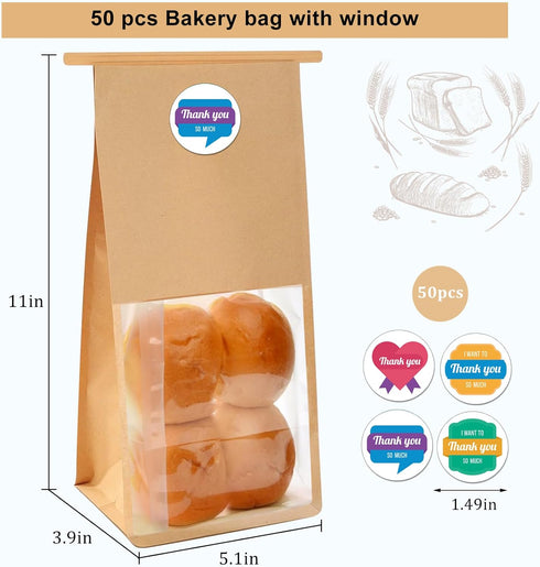 SixWeKit 50 Pack 11" 5.1" 3.9" Packaging Kraft Paper Bread Bags with Clear Window, x x Bakery Bags Tin Tie Tab Lock