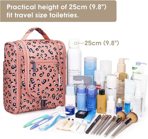 Narwey Small Hanging Cheetah Toiletry Bag, Women Travel Makeup Bag Organizer for Travel Size Essentials Accessories