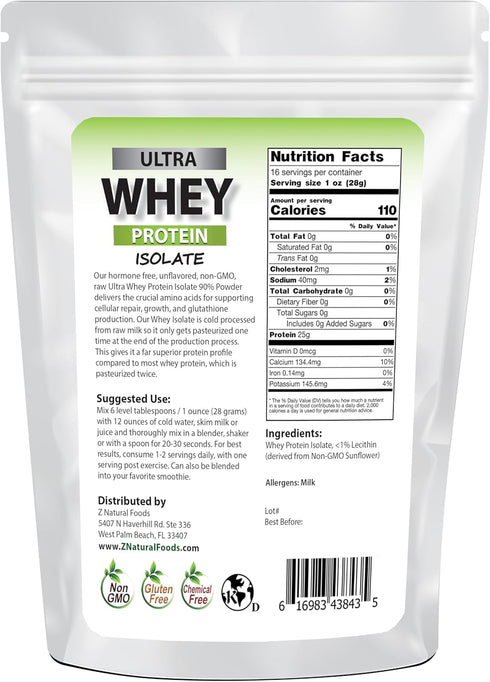Z Natural Foods Whey Protein Powder Isolate, Unsweetened Protein Powder Enriched with Vital Proteins for Weight Loss, 100% Pure, Gluten Free, Non GMO, Kosher, 1 lb