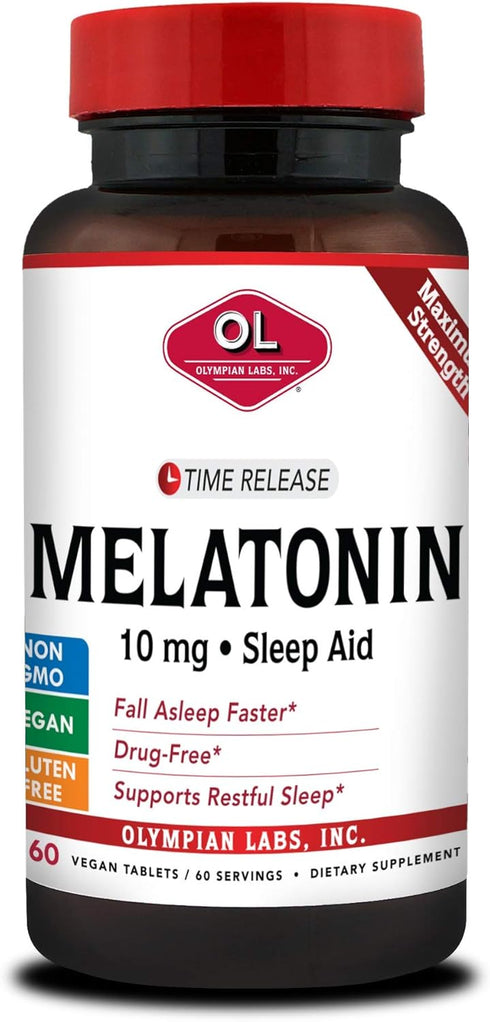 Olympian Labs Melatonin 10mg Time Release with Vitamin B6 | 60 Vegan Tablets | Maximum Strength, Drug-Free Sleep Aid