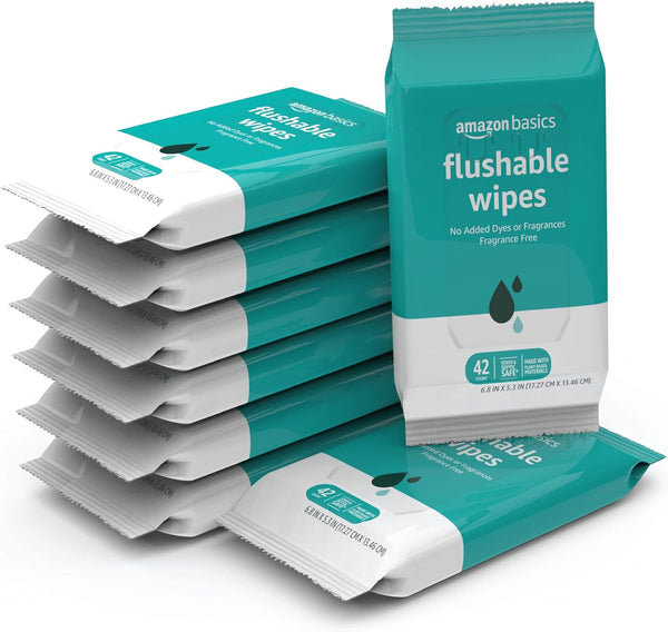Amazon Basics Flushable Adult Toilet Wipes, Fragrance Free, 336 Count (8 Packs of 42) - Previously Solimo