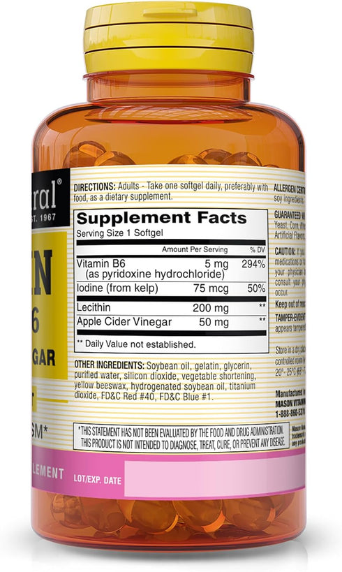 MASON NATURAL Lecithin with Kelp/Vitamin B6 plus Apple Cider Vinegar - Dual Action Formula, Healthy Energy Metabolism, Promotes Liver and Reproductive Health, Promotes General Wellness, 100 Softgels