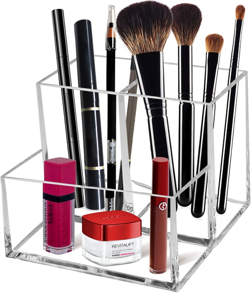 Cerpourt Clear Acrylic Makeup Brush Organizer, Multi-Purpose Storage Holder with 3 Slots for Desk Accessories
