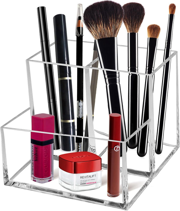 Cerpourt Clear Acrylic Makeup Brush Organizer, Multi-Purpose Storage Holder with 3 Slots for Desk Accessories