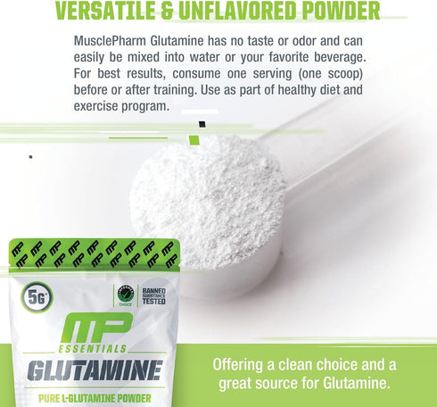 MusclePharm Essentials Glutamine, Pure L-Glutamine Powder Supplement for Post Workout Muscle Recovery, Energy & Gut