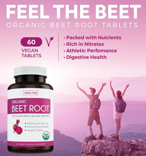 USDA Organic Beet Root Powder, 60 Tablets, 1350mg Beets with Black Pepper for Extra Absorption, Athletic Performance