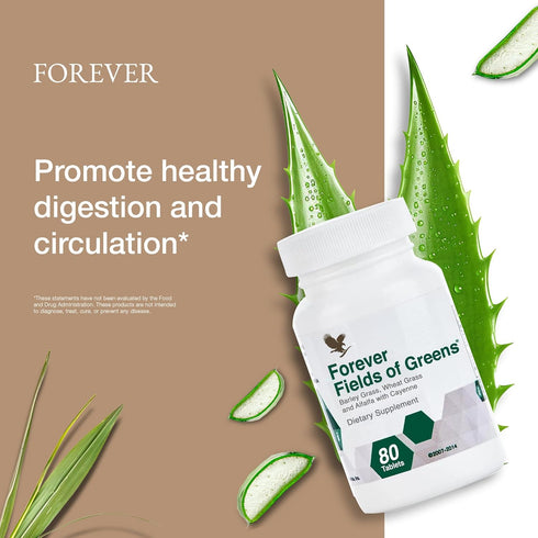 Forever Living Fields of Greens - Green Superfood Supplement with Barley Grass, Wheat Grass, 80 Tablets