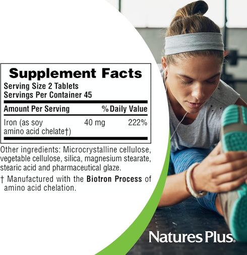 NaturesPlus Iron - 40 mg, 90 Tablets - Gluten Free, Vegetarian - 45 Servings