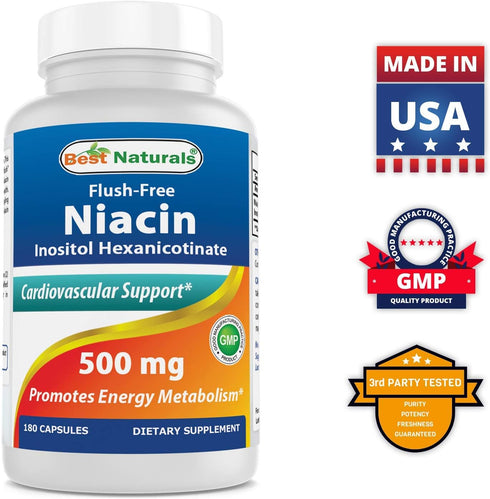 Best Naturals Flush-Free Niacin Inositol Hexanicotinate, 500 mg, 180 Capsules