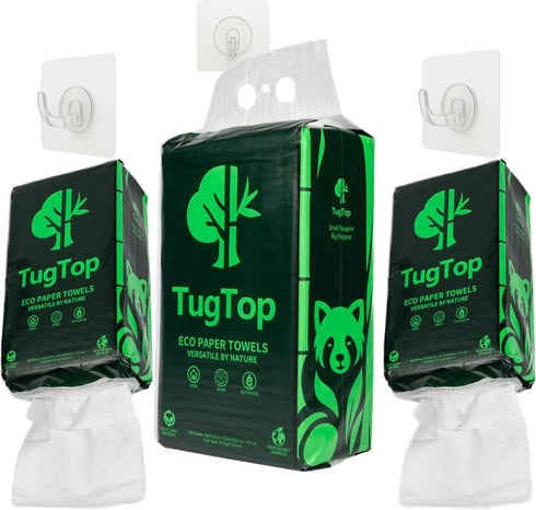 TugTop Eco Paper Towels (3 Pack, 900 Sheets + 3 Hooks) | Portable