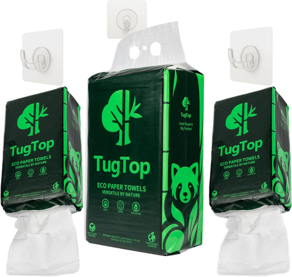 TugTop Eco Paper Towels (3 Pack, 900 Sheets + 3 Hooks) | Portable