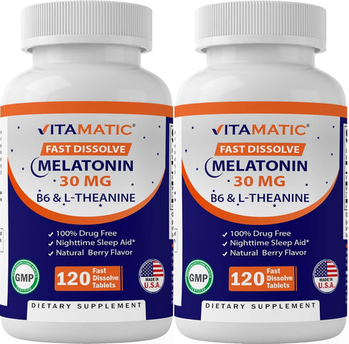 Vitamatic Melatonin 30mg with B6 & L-Theanine - 120 Fast Dissolve Tablets with Natural Berry Flavor (Pack of 2)