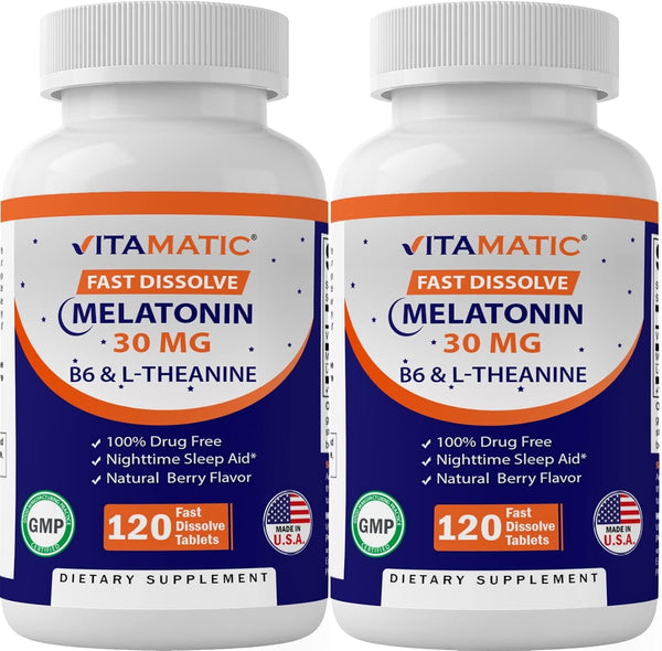 Vitamatic Melatonin 30mg with B6 & L-Theanine - 120 Fast Dissolve Tablets with Natural Berry Flavor (Pack of 2)