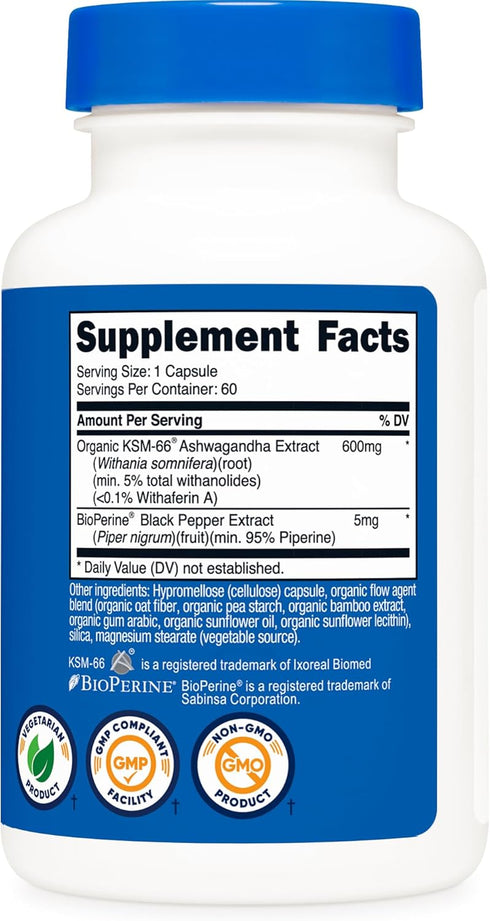 KSM-66 600mg, 60 5% Nutricost Ashwagandha Root Extract Veggie Caps - Withanolides - with BioPerine - Full-Spectrum Root