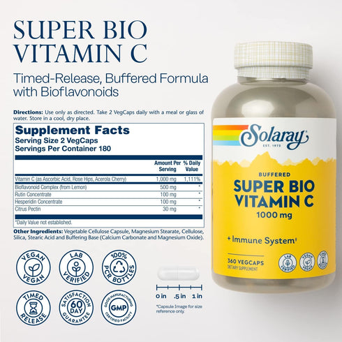 Super Bio Buffered Vitamin C 1000mg by SOLARAY, Two-Stage, Timed Release with Bioflavonoids, 180 VegCaps