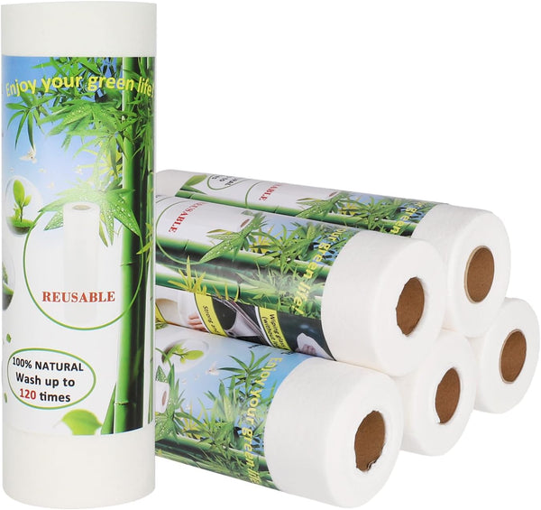 Bamboo Paper Towels Replacement Set of 6 Rolls, 120 Sheets, Heavy Duty Machine Washable Reusable for Kitchen and Daily