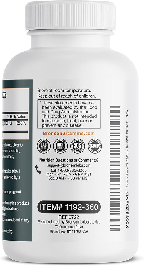 Bronson Vitamin D3 10,000 IU (250 MCG), 360 Tablets - 1 Year Supply for Muscle Function & Immune Support