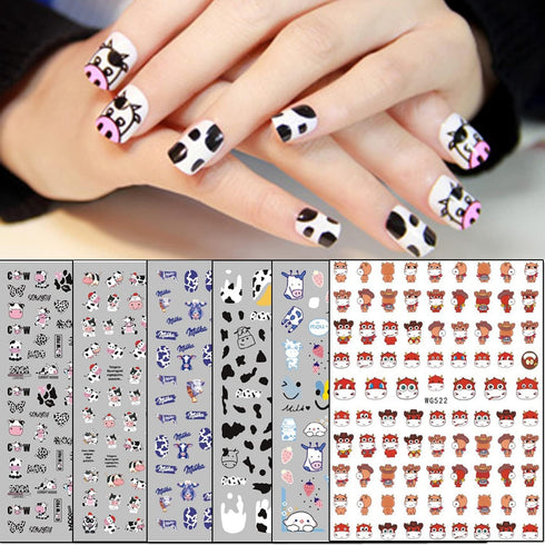 Cute Cow Nail Art Stickers, Cartoon Cow Nail Decals 3D Self-Adhesive Nail Sticker Design Holographic Cattle Nail Art Decal Decoration for Women Girls Manicure Tips DIY Animal Nails Art Supplies by Vezocim