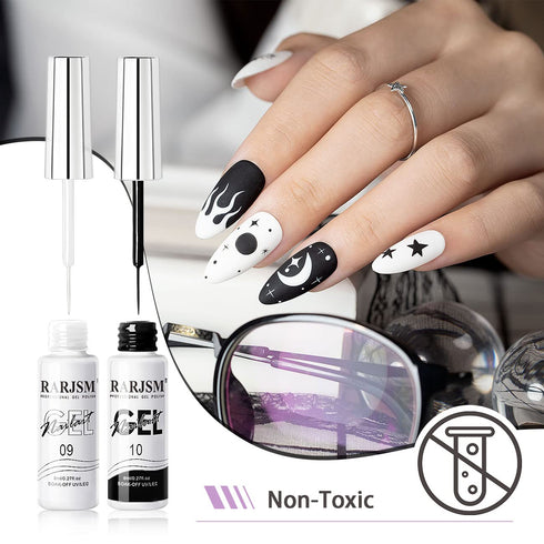 RARJSM Nail Art Gel, Liner Gel Polish Set 2Pcs, Black White Nail Design Polish for Home Salon DIY Manicure