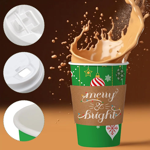 Suttmin 72 Sets/ 216 16 oz Pcs Christmas Paper Cups Disposable to Go Coffee Cups with Lids and Sleeves Xmas Hot Cocoa