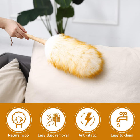 Lambs Wool Duster with Solid Bamboo Handle, 18.9 Inch Long Natural Feather Duster for Cleaning Ceiling Fans, Blinds,
