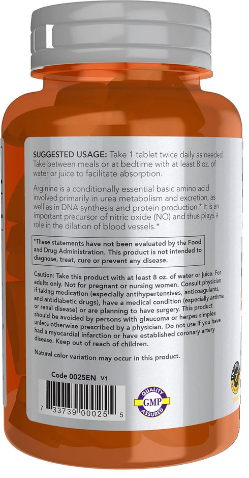 NOW Foods Sports Nutrition L-Arginine Double Strength 1000mg, Nitric Oxide Precursor, 60 Tablets