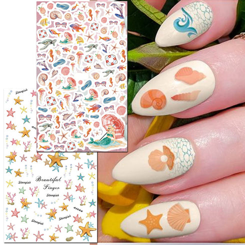 TailaiMei Summer Beach Nail Stickers - 1500+ Pcs Self-Adhesive DIY Nail Art Decals, Shark Nautical Turtle Design (12