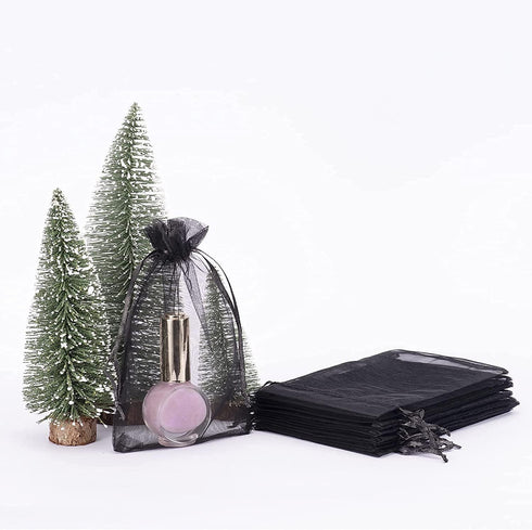 HongyiTime 100PCS Premium Sheer Organza Bags, Black Wedding Favor Bags with Drawstring, 4x6 inches for Jewelry Gifts