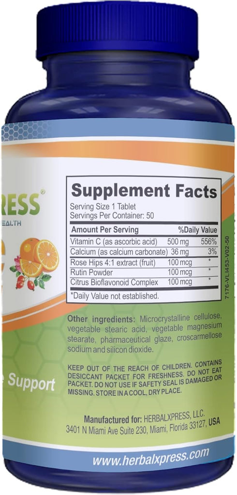 Herbalxpress Vitamin C 500mg with Rose Hips, Ascorbic Acid & Citrus Bioflavonoids - 100 Tablets (2 Tubs) for Immune