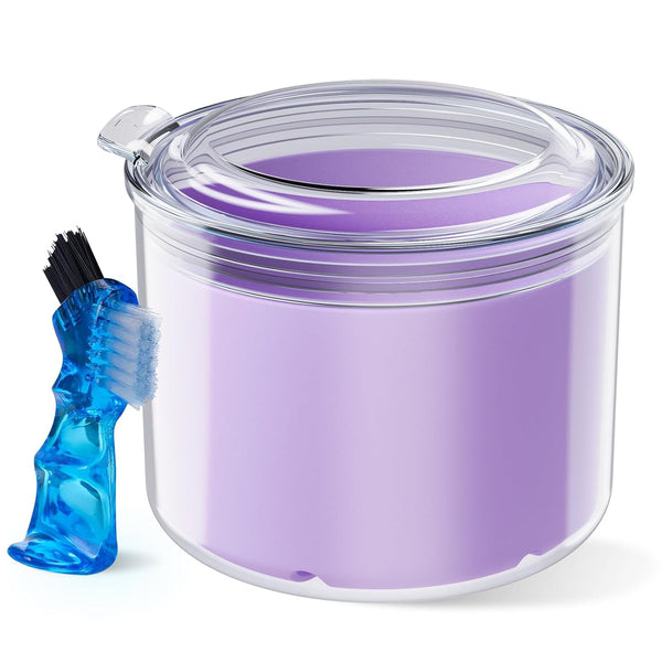 Denture Bath Cup with Brush, Container for Soaking Dentures, Retainers, Mouth Guard Storage Case, Cleaning Holder Box -