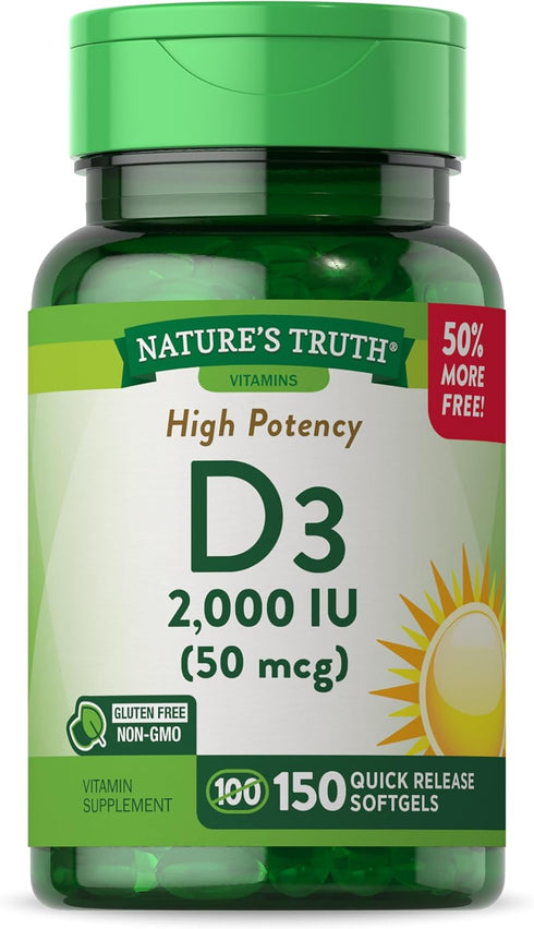 Nature's Truth Vitamin D3 2000 IU Softgels, 150 Count, High Potency, Non-GMO, Gluten Free Supplement