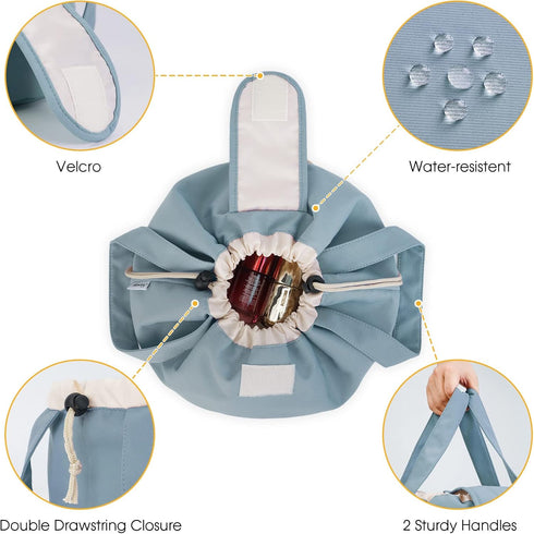 Barrel Drawstring Makeup Bag, Large Cosmetic Bag Toiletry Organizer for Women (Greyish Blue)