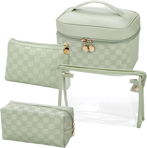 Hedume Set of 4 Waterproof Makeup Bags - Leather Portable Travel Cosmetic Organizer for Makeup & Toiletries