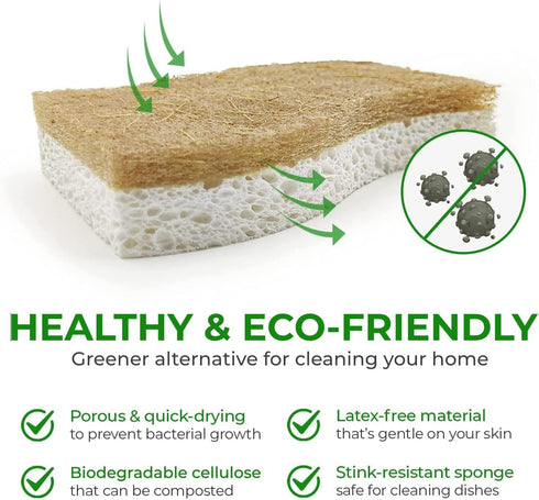 24 Pack Natural Kitchen Sponge - Biodegradable Compostable Cellulose and Coconut Scrubber Sponges for Dishes