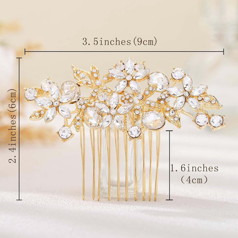 Olbye Bridal Headpiece - Rhinestone Crystal Flower Hair Comb and Clips for Brides and Women (Gold)