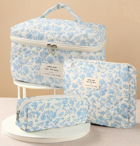 3 Pcs Cotton Quilted Makeup Bag Set, Floral Makeup Bag, Cute Travel Cosmetic Organizer for Women Girls