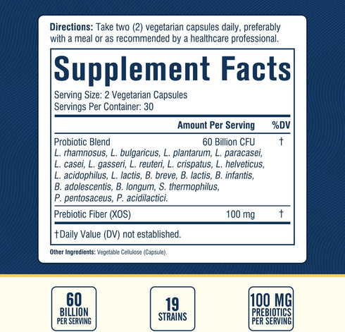 Probiotic 60 Billion 19 Strains with Organic Prebiotic for Men & Women, Digestive & Immune Health, Shelf Stable Delayed Release, Non-GMO No Dairy, 60 Vegan Caps