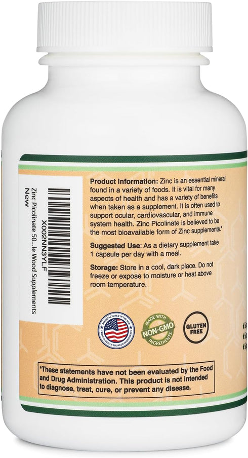 Zinc Picolinate 50mg - 300 Capsules (Immune Support), Non-GMO, Gluten Free (300 Day Supply) by Double Wood Supplements