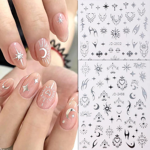 Laser Silver Nail Art Sticker Decal, Sun Moon Butterfly Design, 3D Self-Adhesive Nail Art Supplies, 6 Sheets