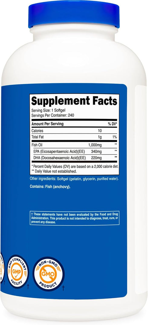 Nutricost Fish Oil Omega 3 Softgels, 240 Softgels, 1000mg Fish Oil with EPA & DHA, Non-GMO, Gluten Free