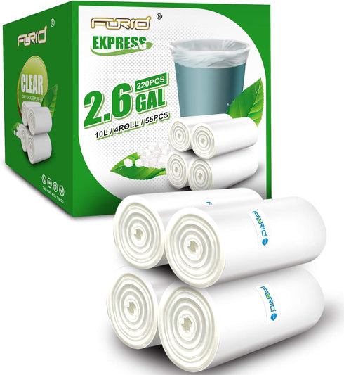 FORID Clear Small Trash Bags, 2.6 Gallon, 220 Count, Durable Plastic Liners for Bathroom Bedroom Office Garbage Can