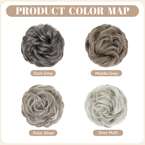 SARLA 2PCS Messy Hair Bun Hair Pieces, Wavy Curly Synthetic Updo Fake Scrunchies Ponytail Extension for Women Dark Grey
